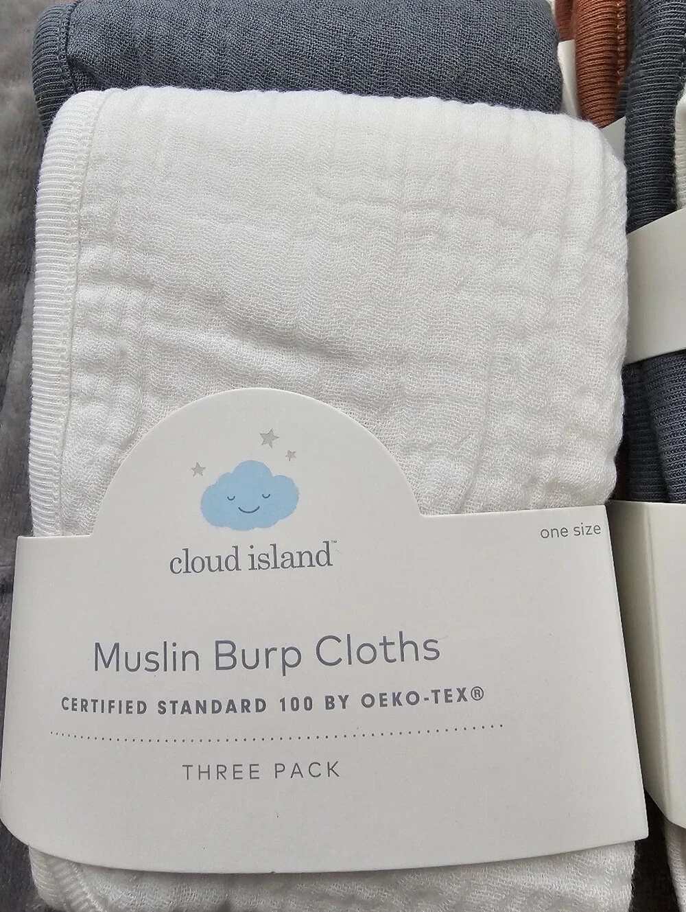 cloud island Muslin Burp Cloths - White, Charcoal, Rust 2 Packs Of 3. New